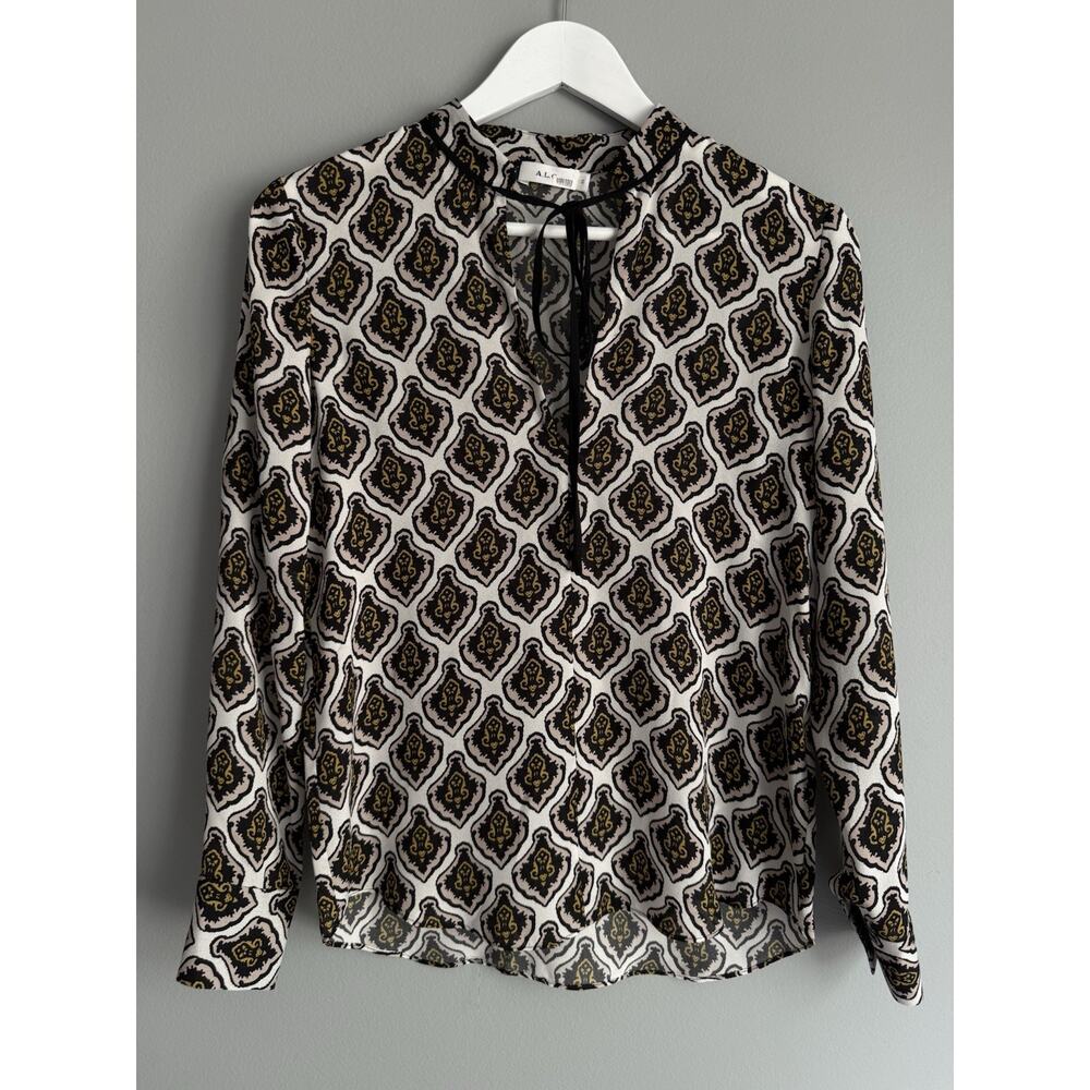 A.L.C. 100% Silk Boho Chic Paisley Blouse Tie Neck Long Sleeve Size 0 Luxury